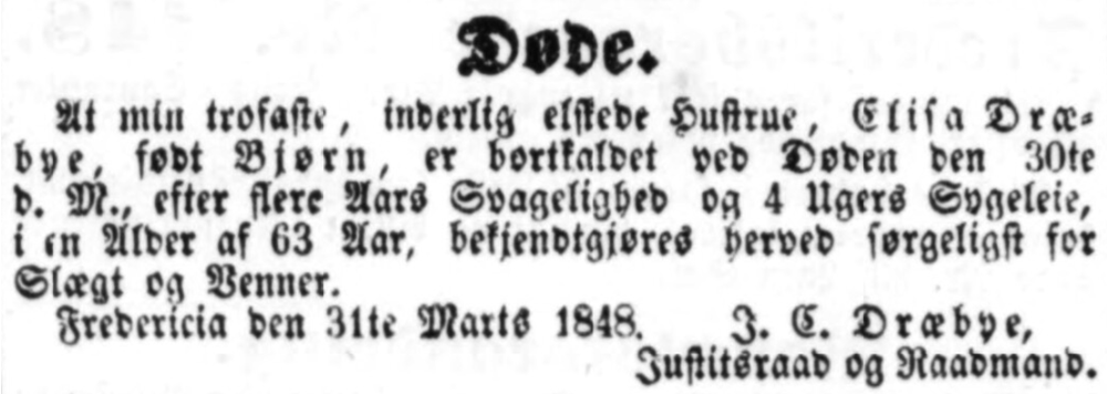 Mediestream Newspapers: Obituary for Elisa (Bjørn) Dræbye 1848
