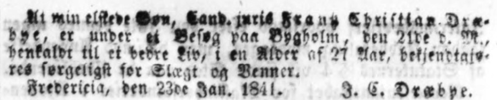 Mediestream Newspapers: Obituary for Frans Christian Dræbye 1841