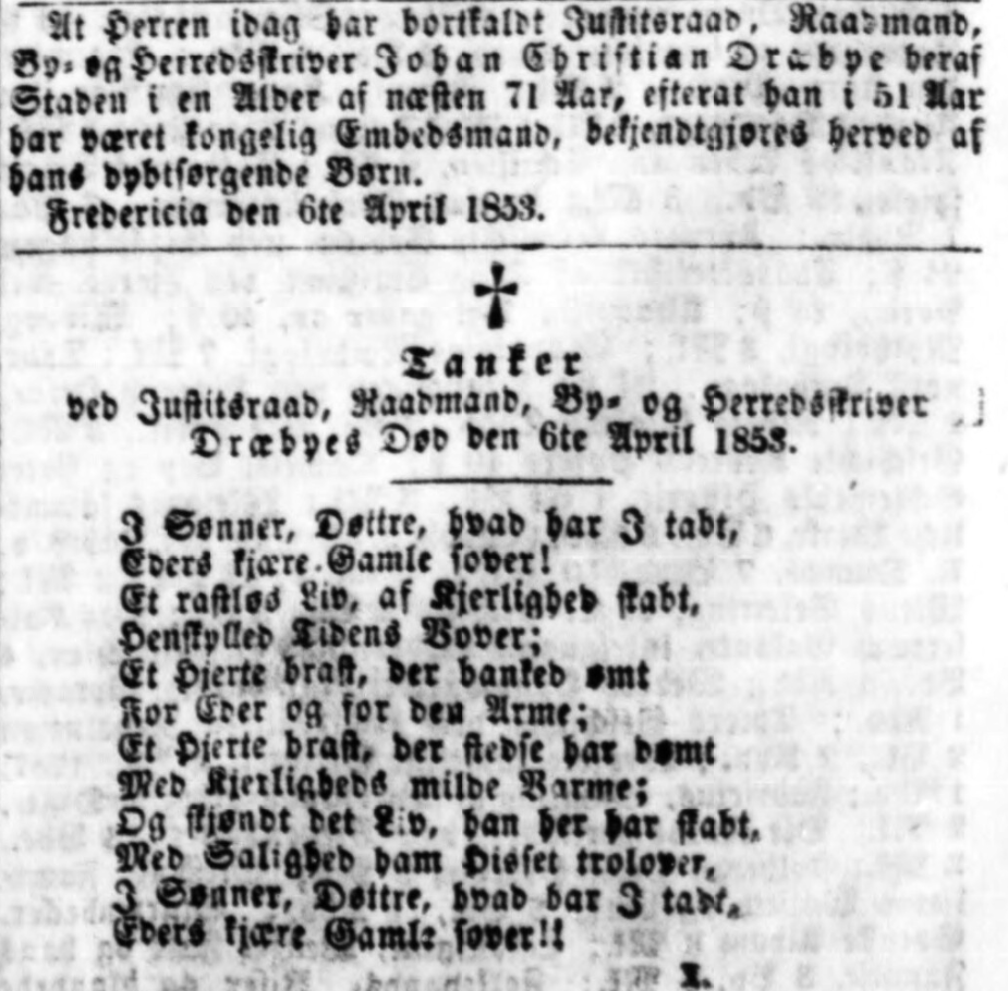 Mediestream Newspapers: Obituary for Johan Christian Dræbye 1853