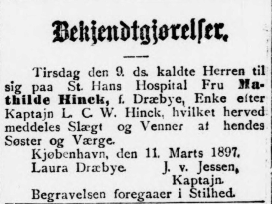 Mediestream: Obituary for Mathilde (Dræbye) Hinck 1897