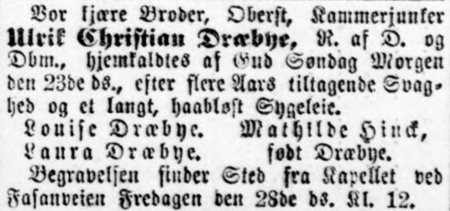 Danish Obituary for Ulrik Christian Dræbye 1884