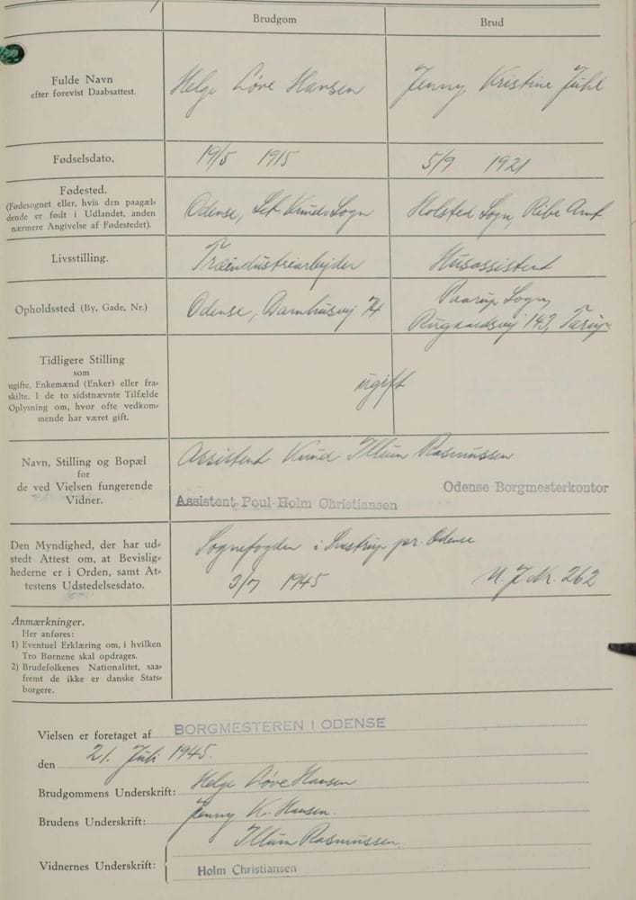 Civil marriage record from 1945, Odense, Denmark