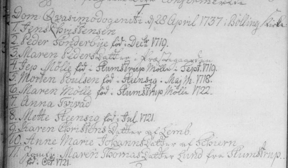 Confirmations 1737 Bølling Parish Denmark