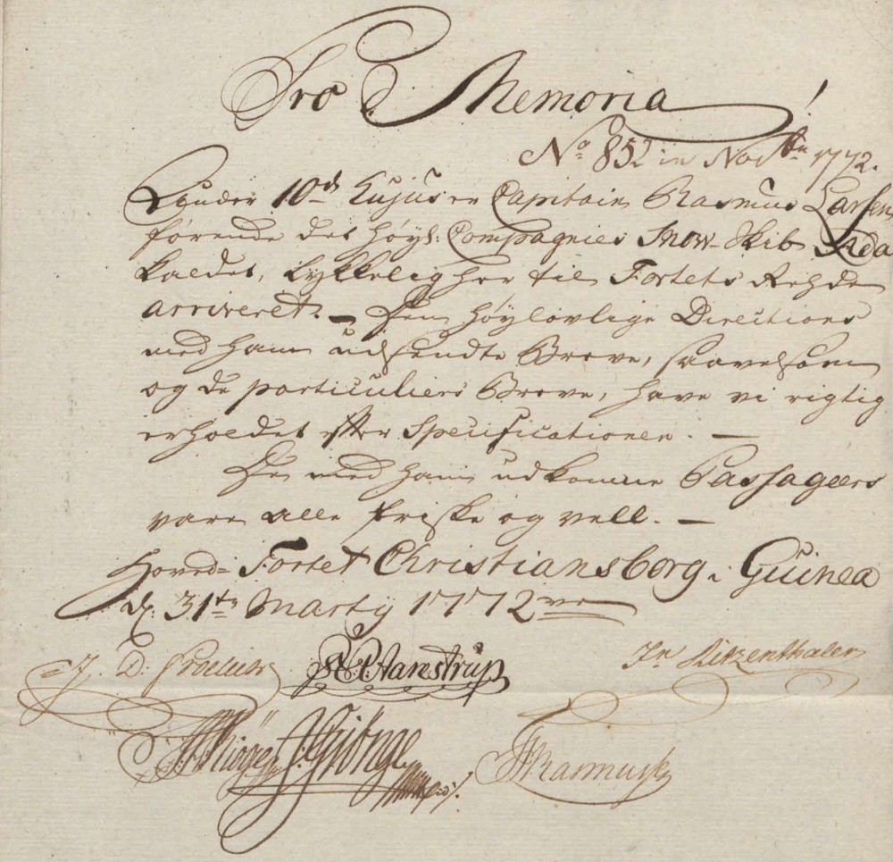 Pro Memoria Letter Announcing the Arrival of the Ship Ada 31 March 1772