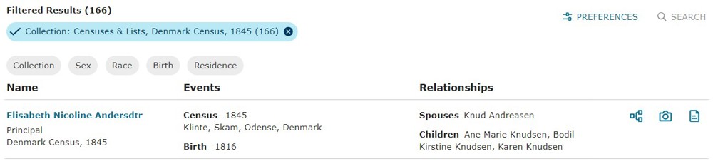 Snippet from Familysearch showing a search result from the index of the 1845 census of Denmark