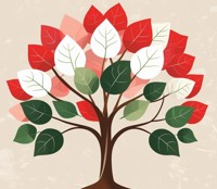 a tree with gree, red, and white leaves