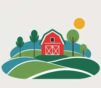 A red barn with fields around it