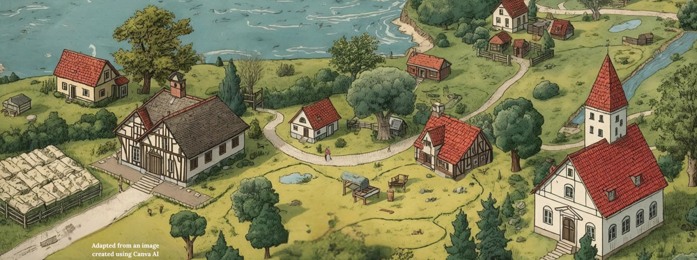 AI-generated rural landscape with farms, house, and a church